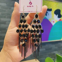 Crystal Bohemian Tassel Earrings Women's Long Exaggerated European and American Ethnic Style Earrings