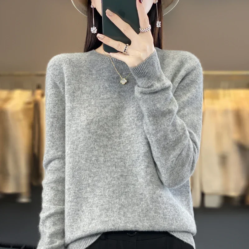 

Knitted Loose Long Sleeve Pullover Thin Sweater Women's 100% Beautiful Wool Round Neck Top Fashion Versatile