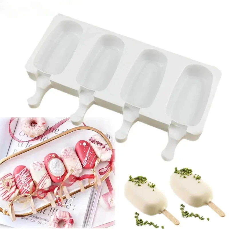 Molde de silicona reutilizable de 4 agujeros para helado, bandeja de hielo casera DIY, congelador, jugo, paleta, molde ovalado para pasteles, herramientas de cocina
