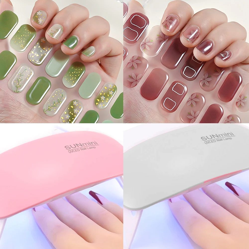 22Pcs/sheet Gradient Blooming Gel Nail Wraps Sticker Semi-Cured Nail Strips Patch Slider Long-Lasting French UV LED Lamp Sticker