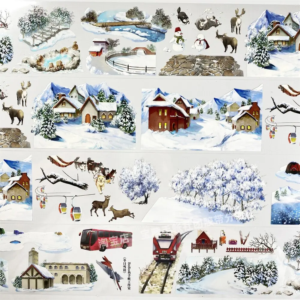 Journal Winter Snow Language BoBo Fish Train House Tree Line PET Scrapbook Collage DIY Sticker