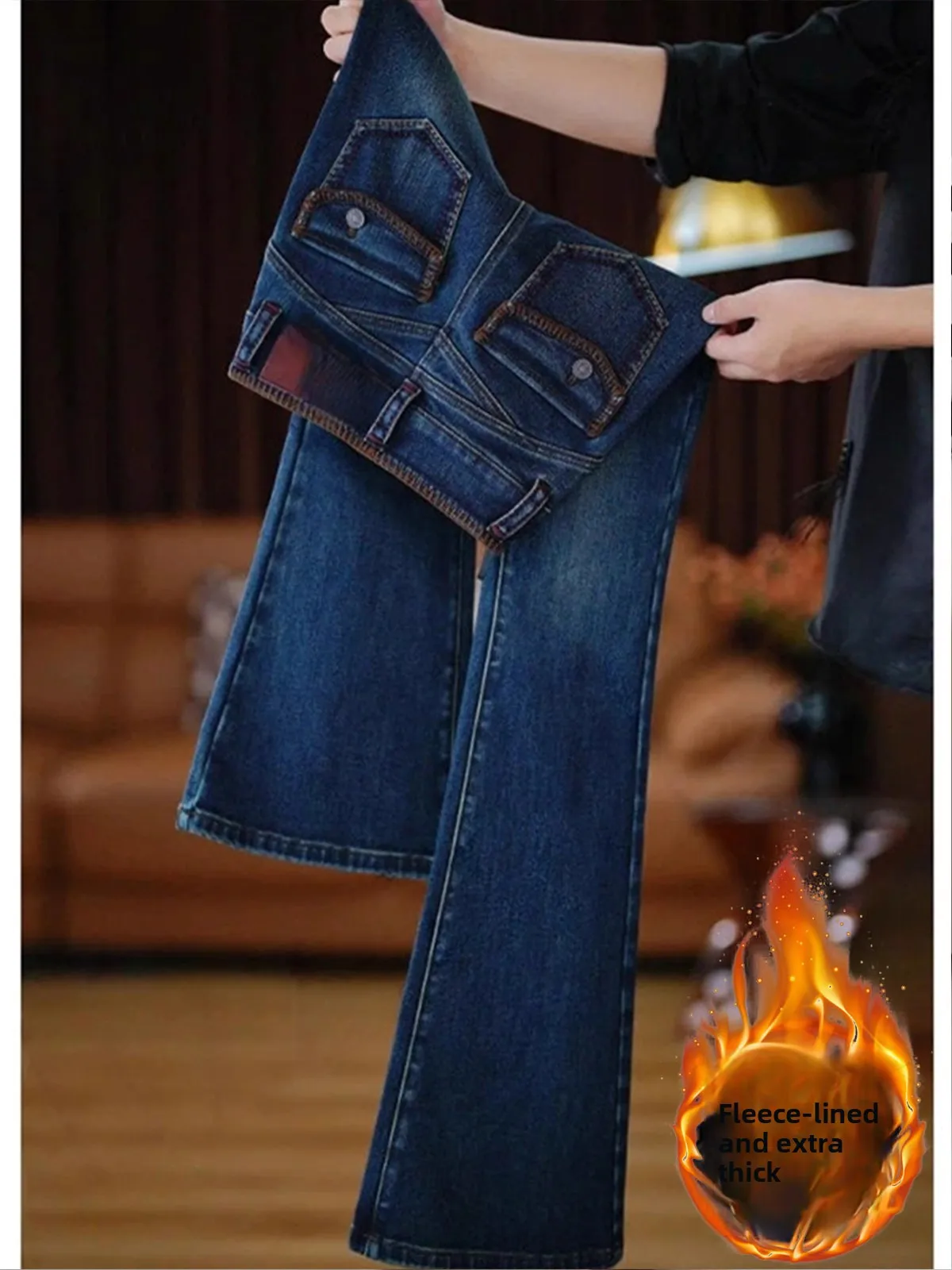

Retro High Waist Fce Lined Skinny Jeans Women's Casual Sle ket Detail Elastic Micro Flared Denim Pants for Autumn Winter