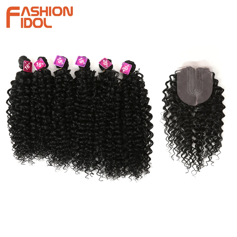 

FASHION IDOL 16-20 inch Afro Kinky Curly Hair Extensions Synthetic Hair Bundles Lace With Closure Weave Fake Hair