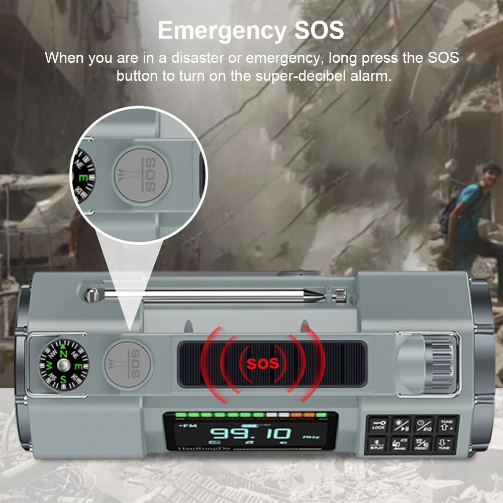 HRD-908 راديو الطقس في حالات الطوارئ كرنك اليد راديو FM/MW/SW/VHF/WB راديو يعمل بالطاقة الشمسية مصباح ليد جيب خارجي SOS إنذار BT لاعب