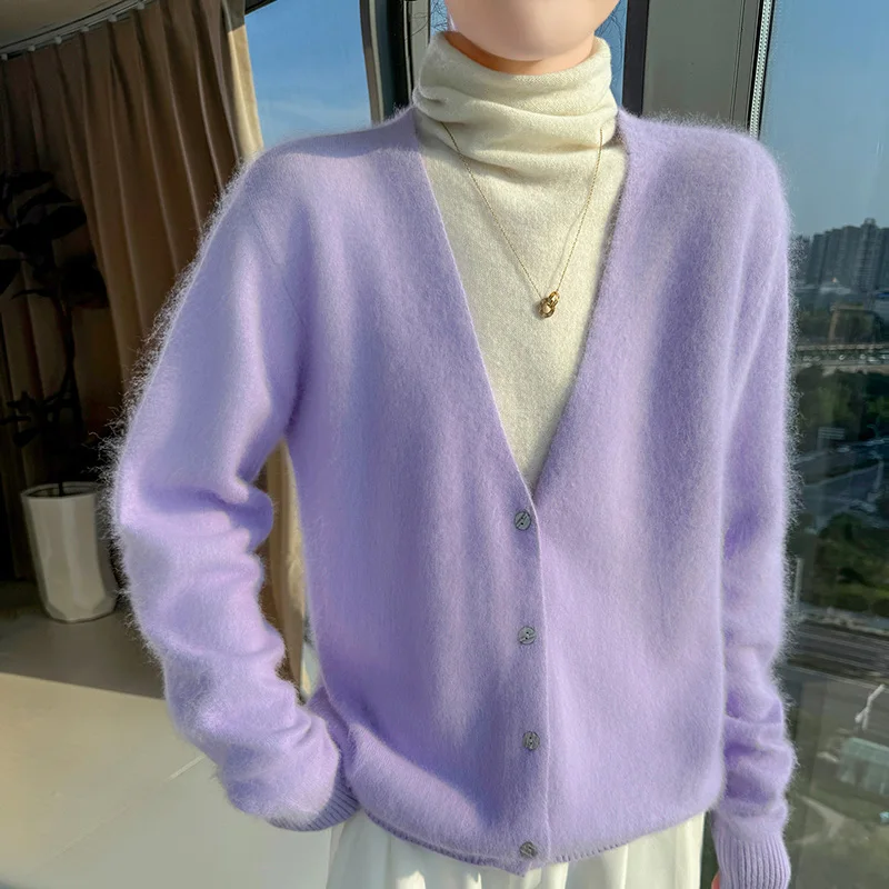 Women's V-Neck 100% Pure Mink Cashmere Cardigan Autumn New Solid Color Large size Coat Casual Loose Knitwear High Quality Shirt view 3