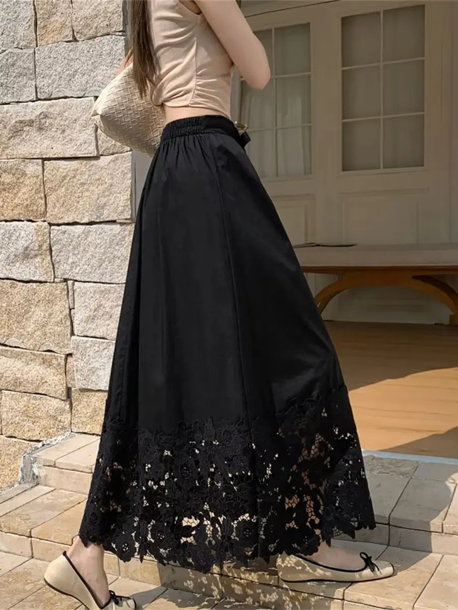 Summer Autumn White Skirt For Women 2026 Bohemian Lace Patchwork Openwork Embroidered Tie-Waist Midi Skirts Female