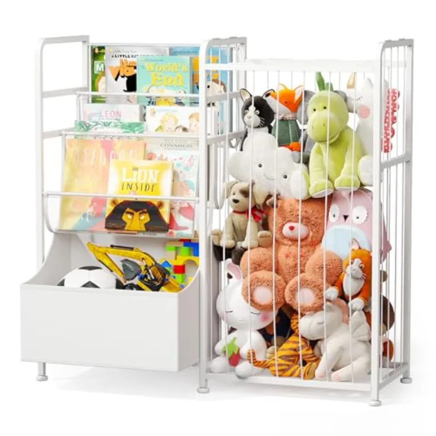 Bookshelf and Stuffed Animal Storage - Multi-Function Nursery Book Shelves with Leather Toy Box and PVC Book Display, Toy Organ