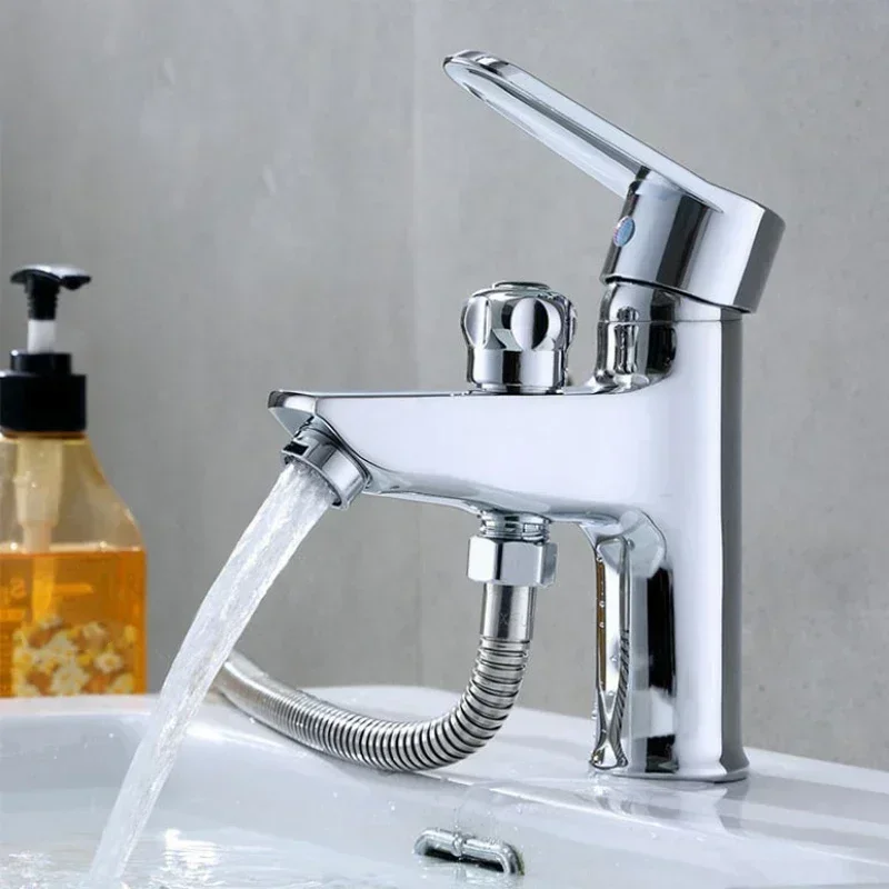 Solid Brass Bathroom Basin Faucet with Spray Gun Shower Single Hole Hot Cold Water Mixer Tap Wash Hair Sink Faucet