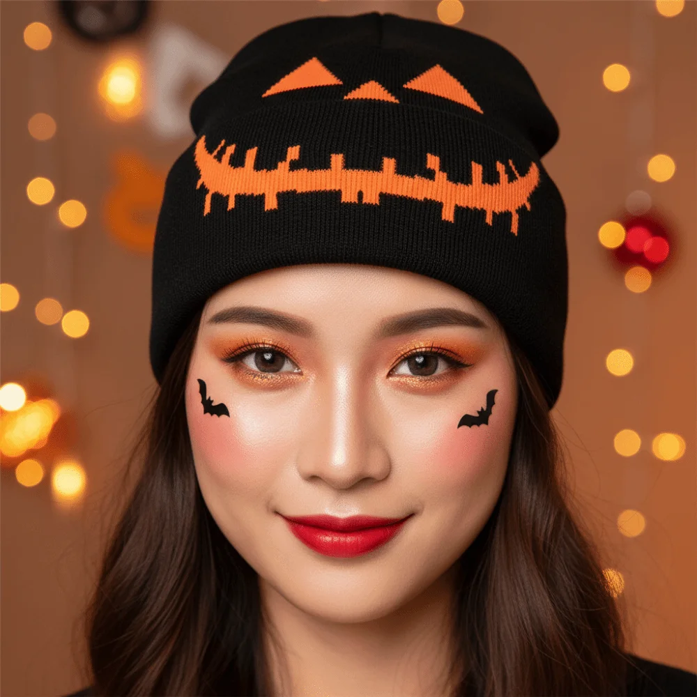 Knitted Fabric Pumpkin Beanie Hat Soft Texture Warm Halloween Knitted Cap Cuffed Brim Lightweight Hip Hop Skullcap Cosplay Party