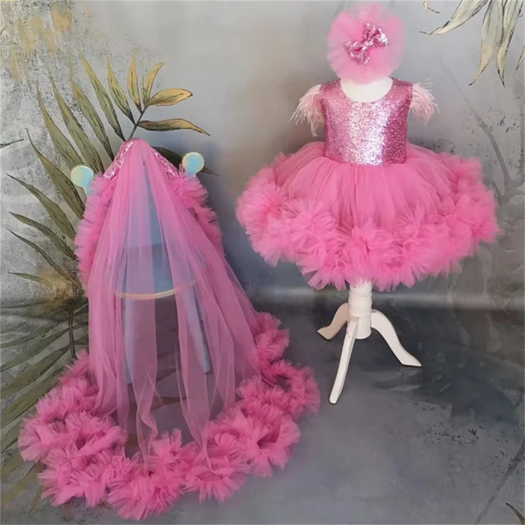 Vestidos de niña de flores de Ángel rosa, lazo de lentejuelas de tul y cola sin mangas para boda, regalo de cumpleaños para niños, primera comunión