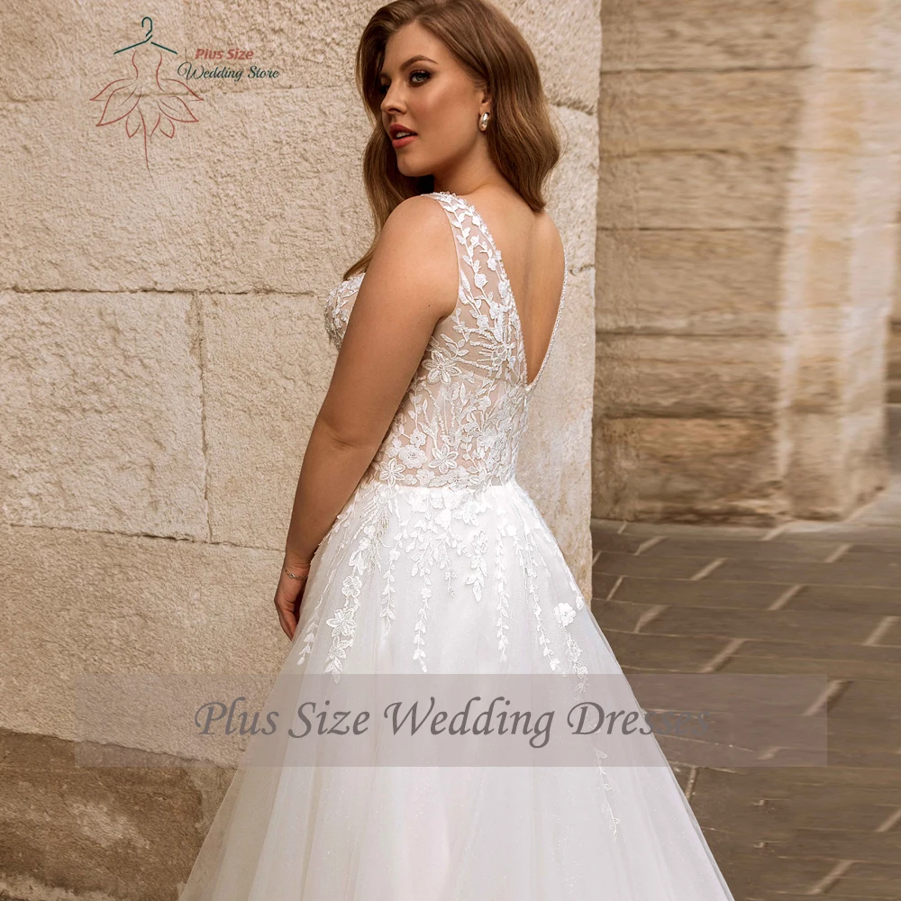 Classic A-Line Wedding Dresses Plus Size V Neck Sleeveless Bride Gowns Appliques Sequined Floor Length Tulle Robe De Mariee 2024