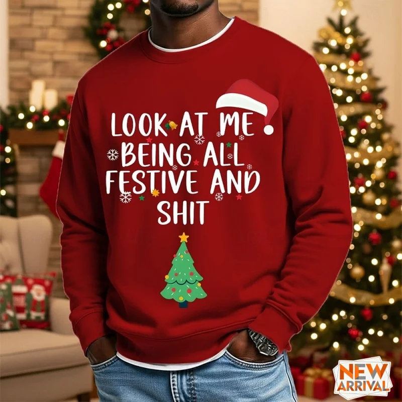 

Christmas Tree Hat Pattern Sweatshirts For Men Fun Humorous 3D Printed Pullover Festival Party Hoodies Long Sleeves O-Neck Tops