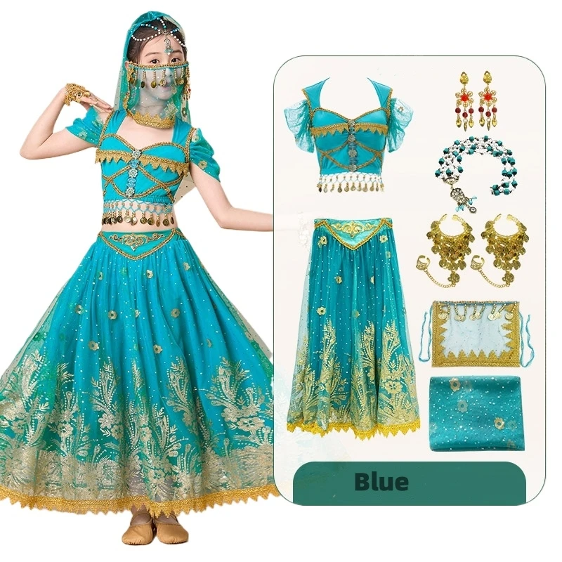 Hot Children's Indian Princess Lamp Belly Dance Set Eastern Indian Dance Sari Girl Performance Outfit Halloween Cosplay Costume