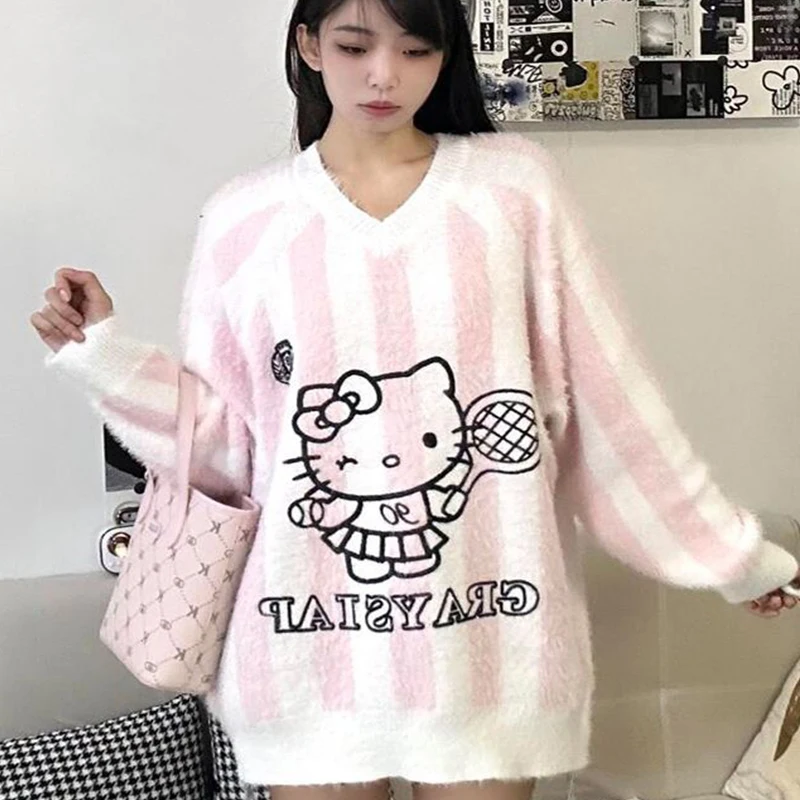 

Cute Hello Kitty Y2K Sweater Sanrio Kawaii Anime Long Sleeve T-Shirt Girl Heart Cartoon Print V-Neck Top Lovely Clothes Kid Gift