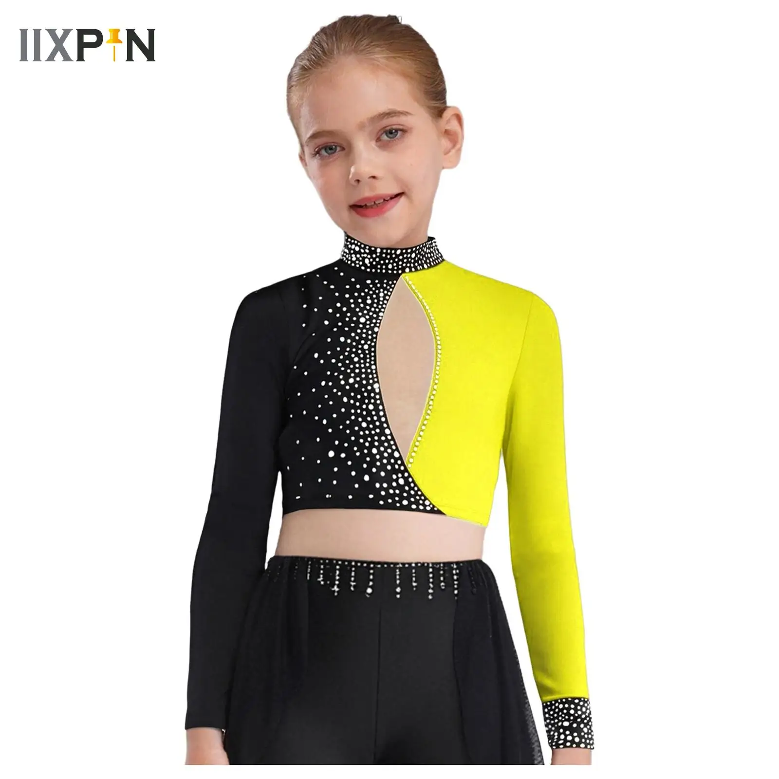 

Kids Girls Lyrical Dance Tops Sheer Mesh Long Sleeves Color Block Shiny Rhinestones Pullover Crop Top Jazz Ballet Dance Costume