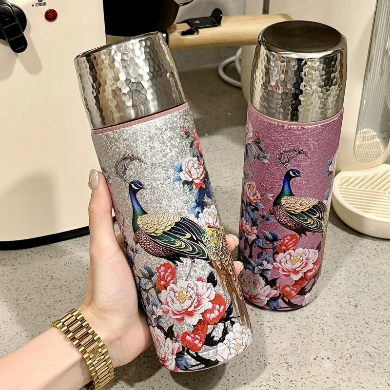 New China-Chic Peacock Titanium Coated Insulating Cup Guofeng Tea Separating Tea Cup High Beauty Portable Cup for Men and Women