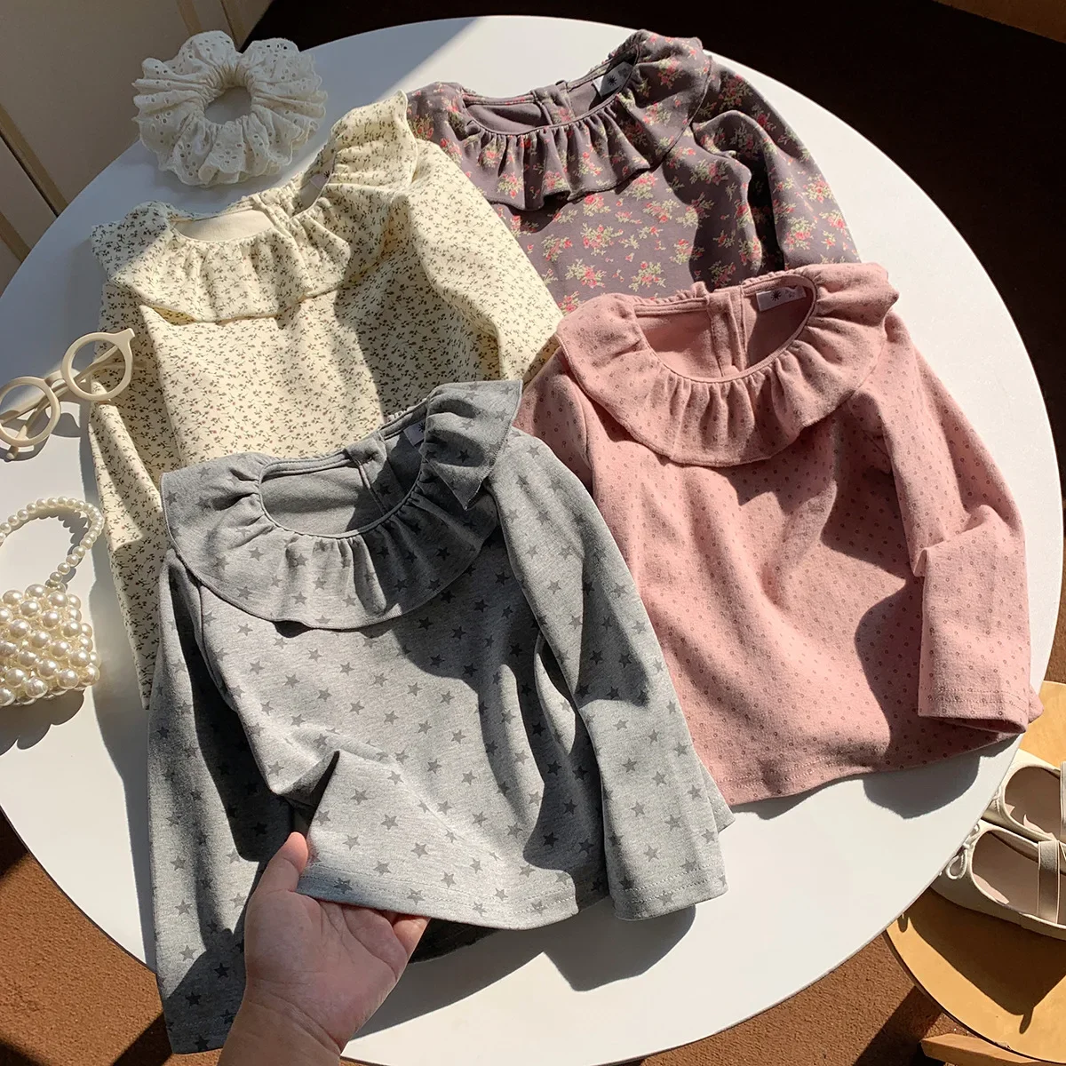 Girls 2-Piece Outfit Set Ruffle Collar Long Sleeve Top Printed Leggings with Elastic Waist Kids Casual Spring Fall Clothing 1-9Y
