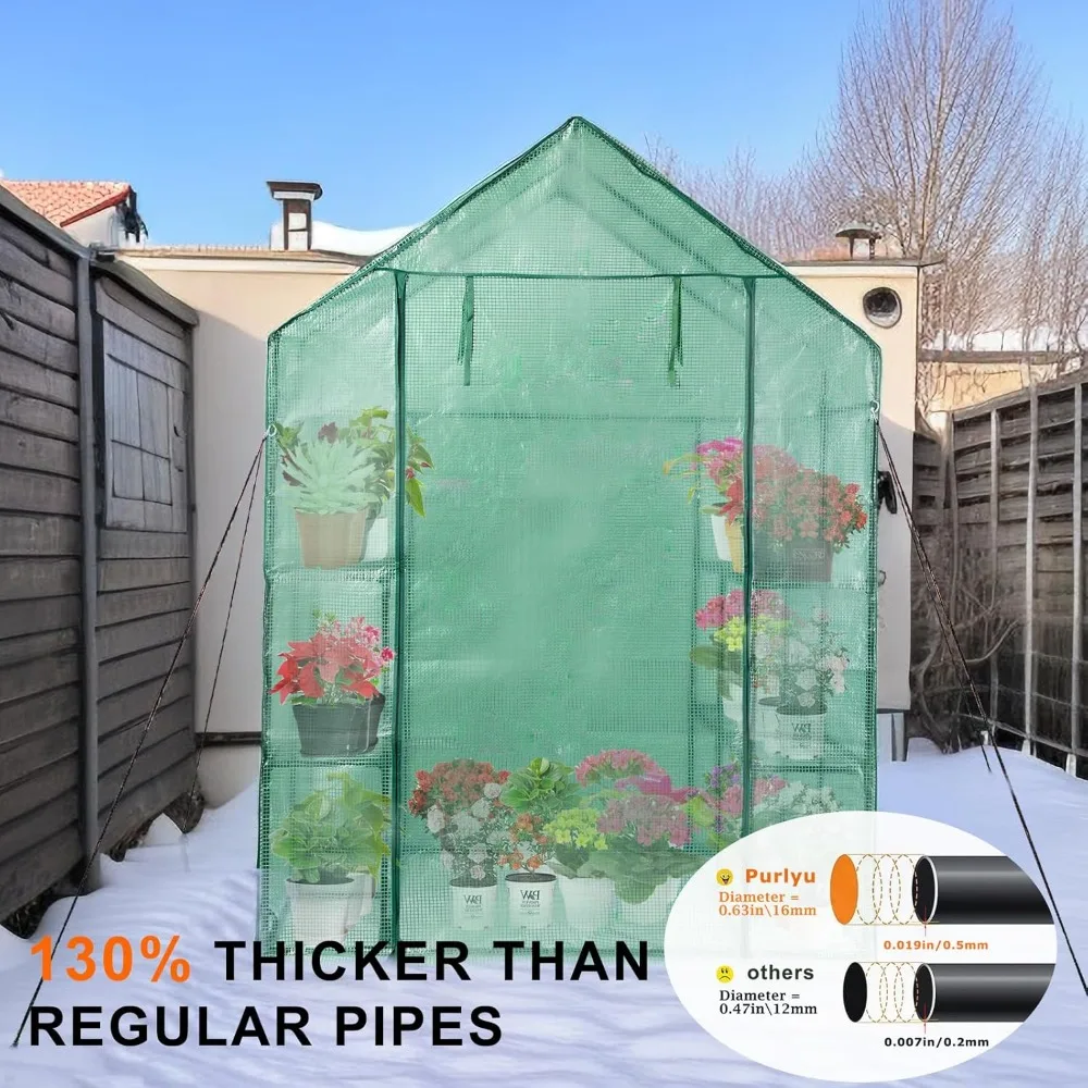 Outdoor Walk-in Greenhouse with Thickened PE Cover, Heavy Duty Steel Frame, Mesh Door, and Screen Windows, 14 Sturdy Shelves