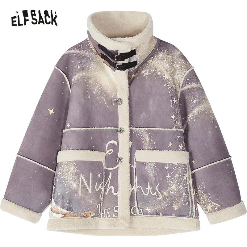 ELFSACK Imitate Chammy Cotton Coats Women 2023 Winter Printing Lapel Casual Warm Jackets