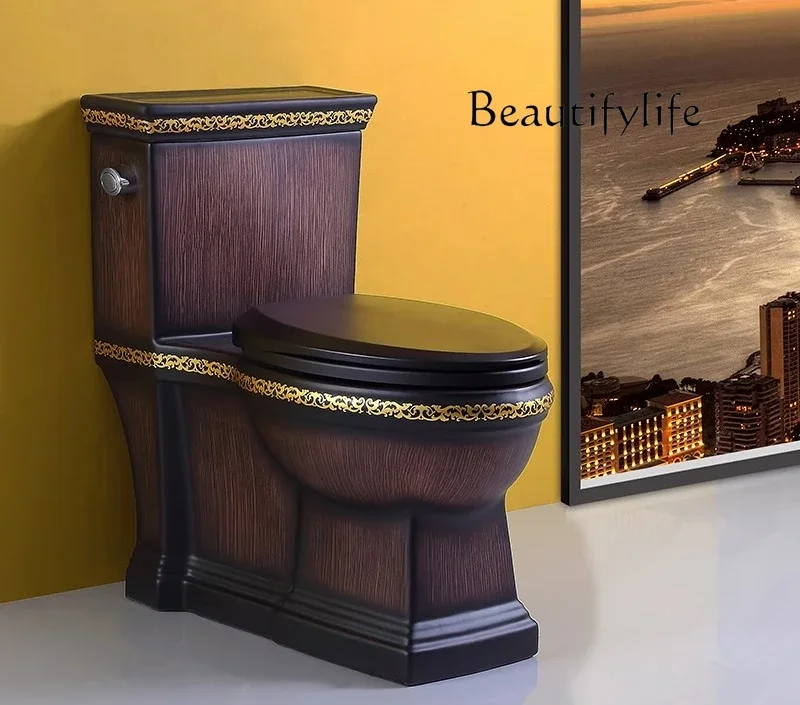 

High-end black personalized toilet siphon one-piece toilet ceramic color wood grain retro toilet water saving