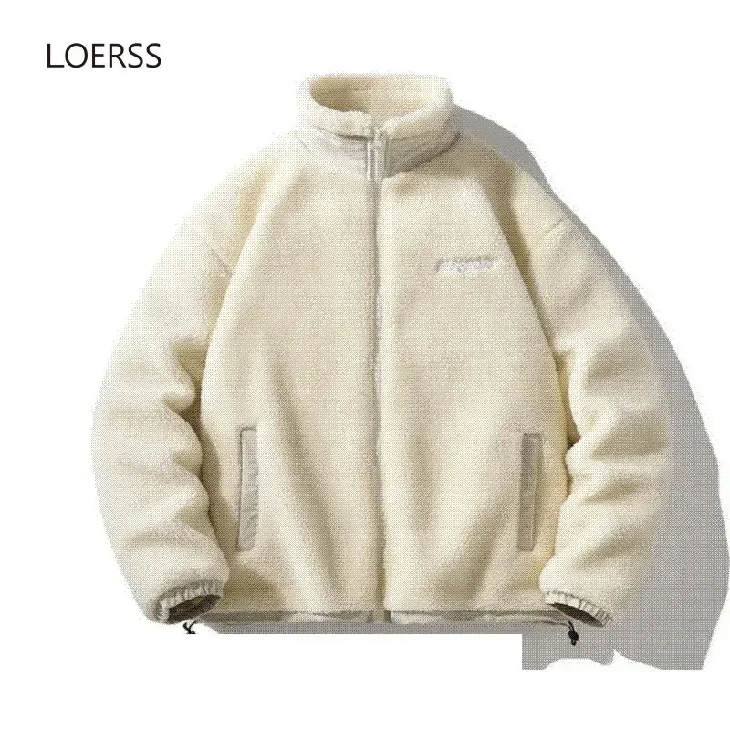 LOERSS Lamb Fleece Plush Jacket Men and Women Oversized Thicken Jacket Autumn Winter Causal Coat Stand Collar Couple Jackets