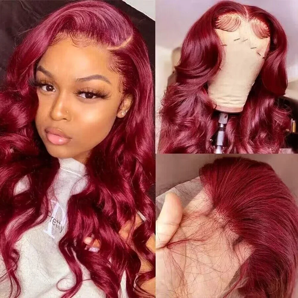 

Красный парик из натуральных волос 99J Burgundy Body Wave 13x4 с кружевной передней частью для женщин, бразильские красные парики с кружевной передней частью, предварительно проработанные, 180% плотность.