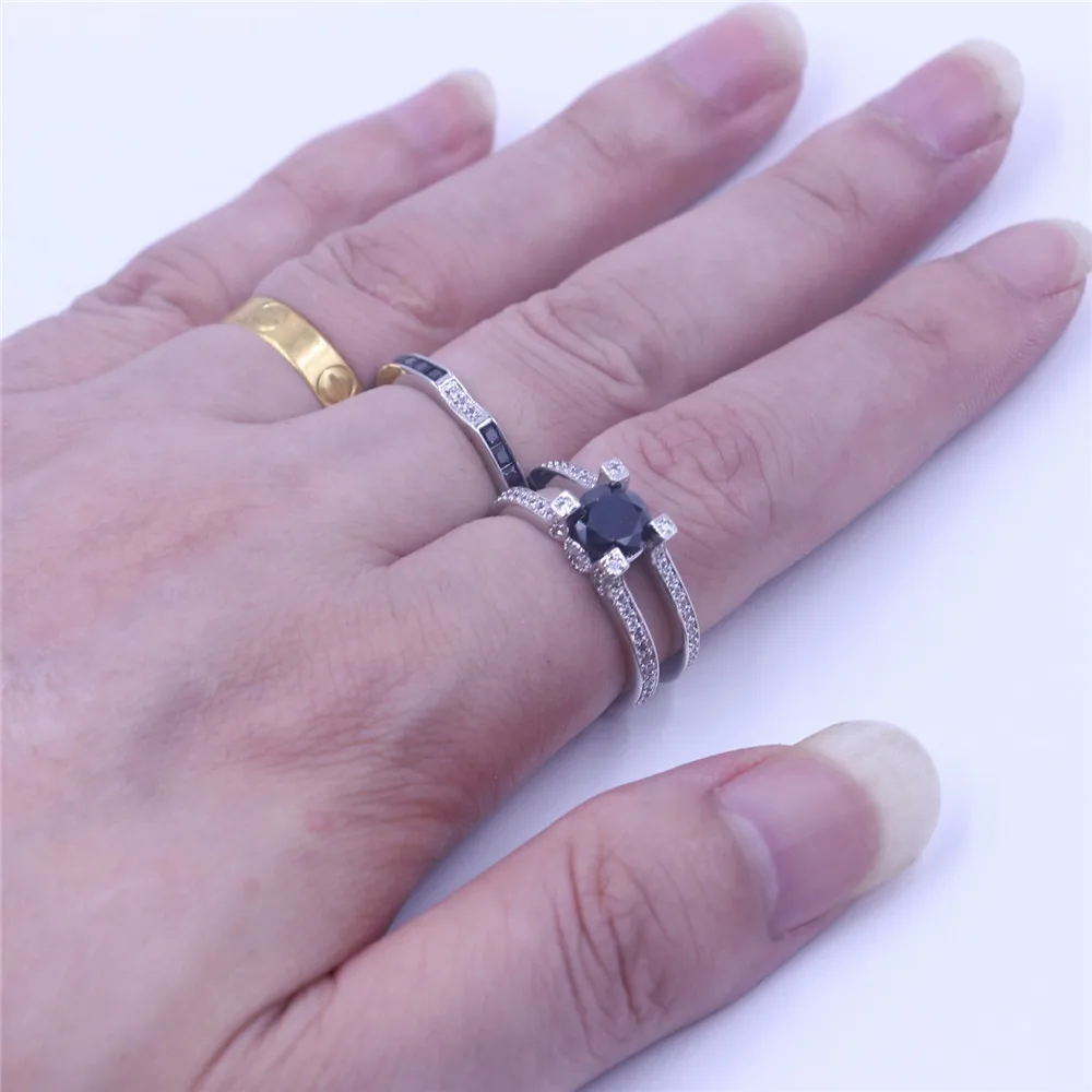 Classic Couple Lab Black Diamond Ring Set 925 Sterling Silver Wedding Band Rings for Women Engagement Promise Party Jewelry 5