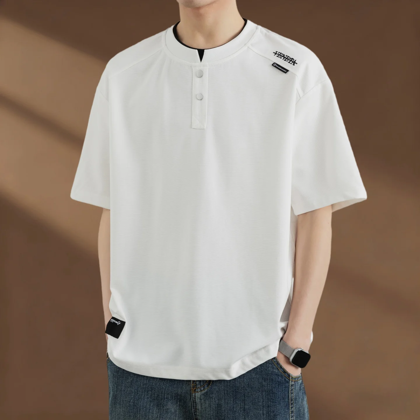 2026 model summer high-quality casual Henry collar men's short-sleeved T-shirt set of two fake pieces