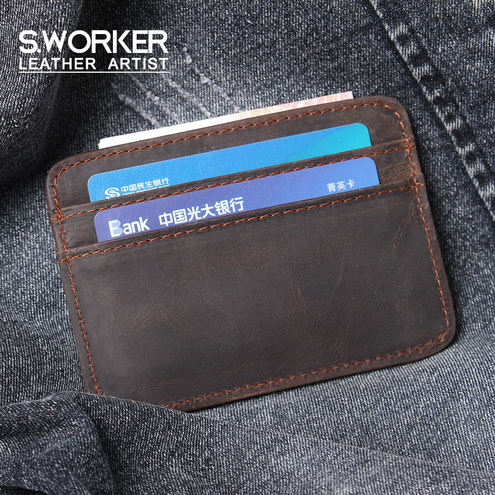 S.WORKER Echtleder Mini-Kartenhalter Vintage Vollnarbiges Rindsleder Kurze Geldbörse Münzbeutel Retro Schlanke Casual Alltagstasche – Detail 2