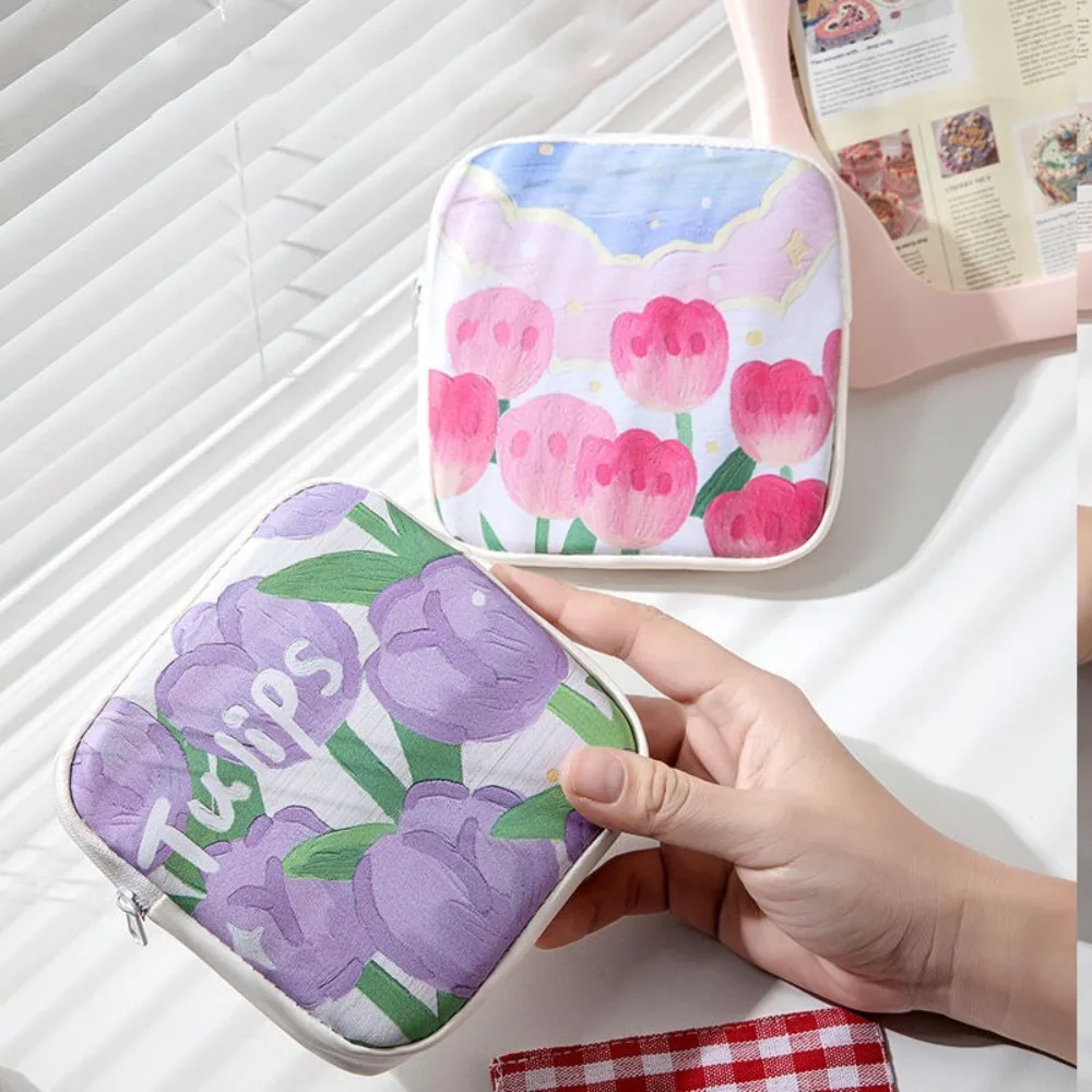 Korean Style Tulip Flower Storage Bag Small Item Bag Cloth Sanitary Napkin Storage Bag Coin Purse Data Cable Storage Bag