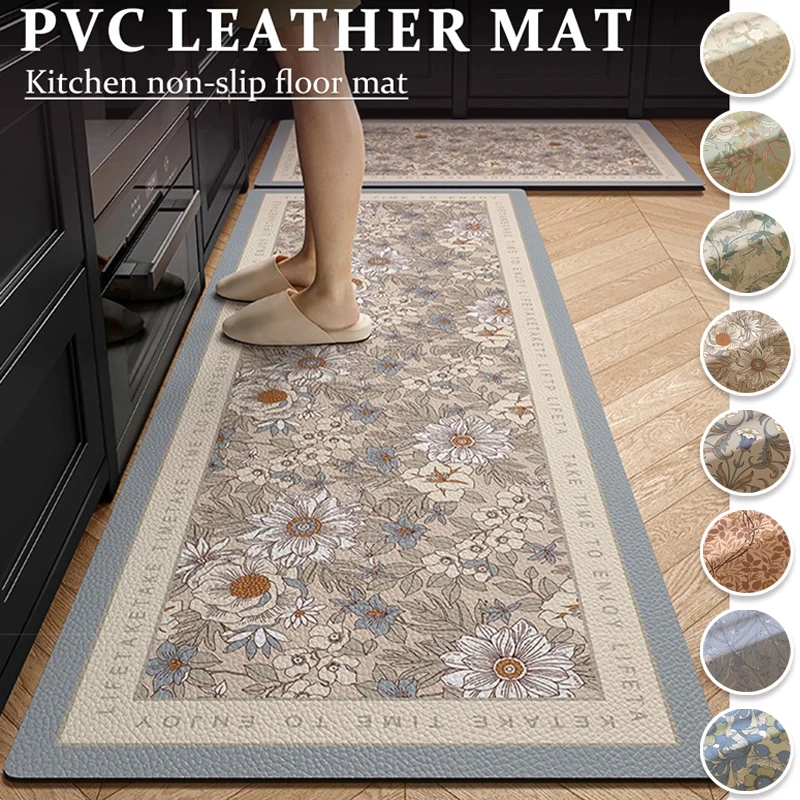 

Pvc Kitchen Floor Mat Leather Waterproof Non-slip Carpet Oil-proof Foot Mats Pink Flower Pattern Home Decoration Rug Vinyl Rugs