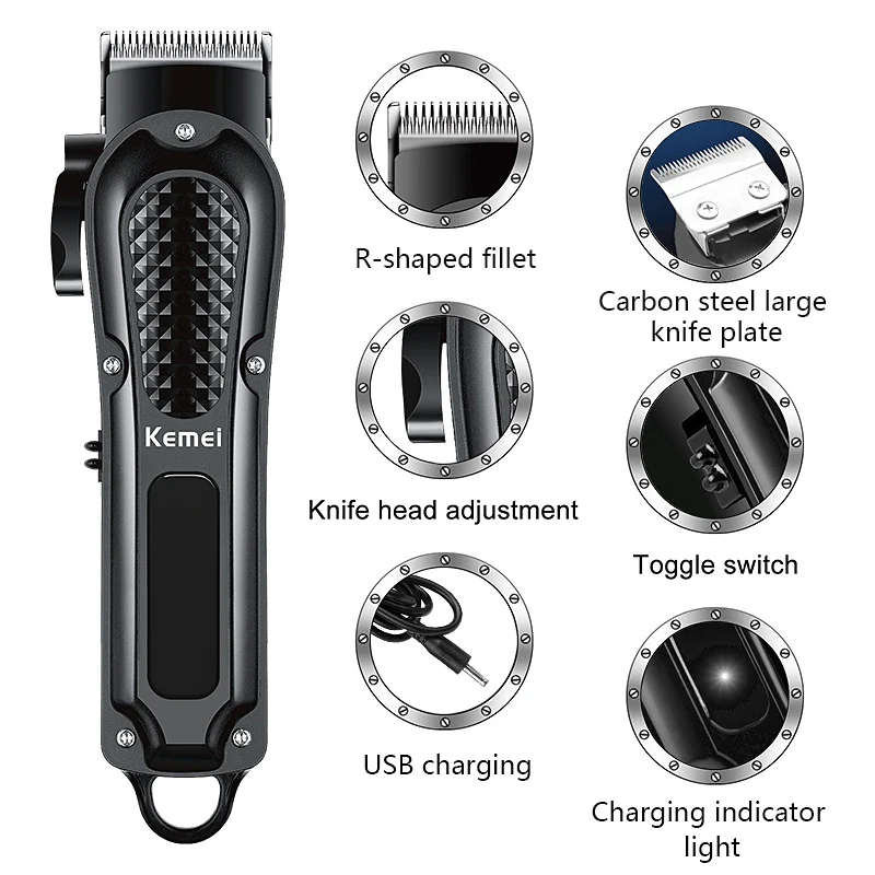 Kemei Electric Hair Clipper UBS Rechargeable Cordless Beard Trimmer Men's Powerful Electric Hair Clipper Trimming Machine