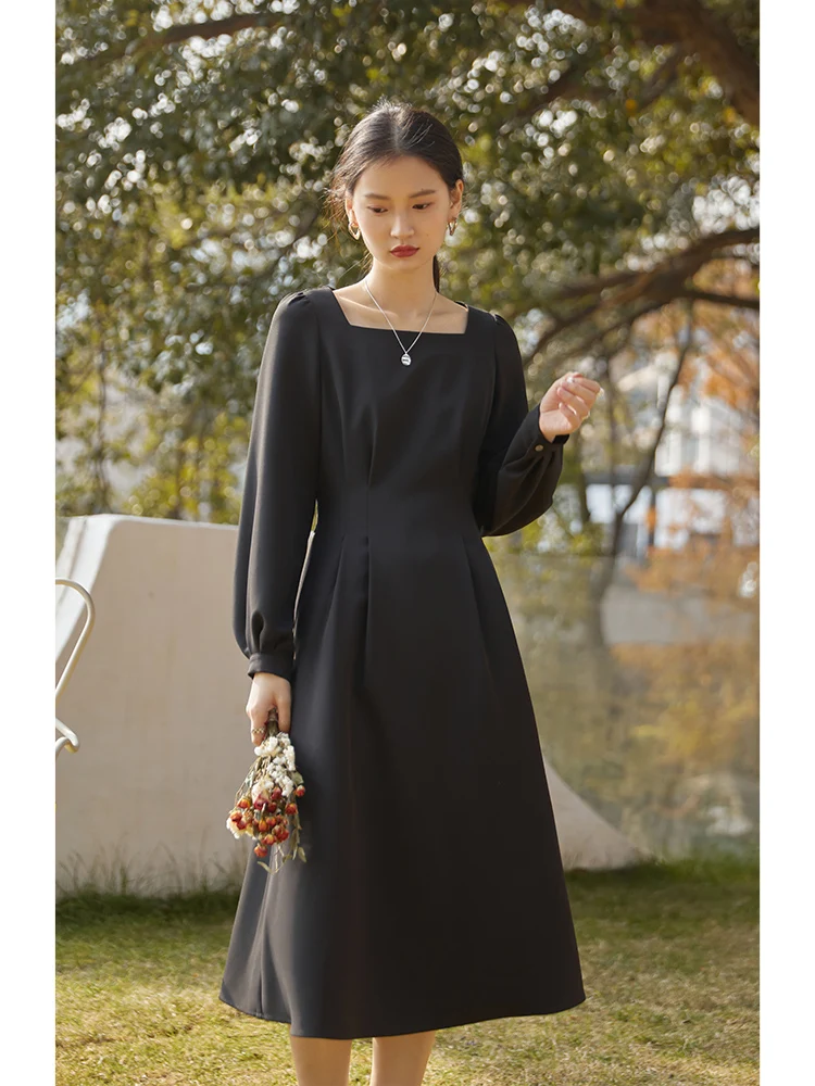 ZIQIAO Japanese Square Collar Full Regular Sleeve Belt Waist Mid-Calf A-LINE Skirt Office Lady Solid 2022 Spring Long Dress