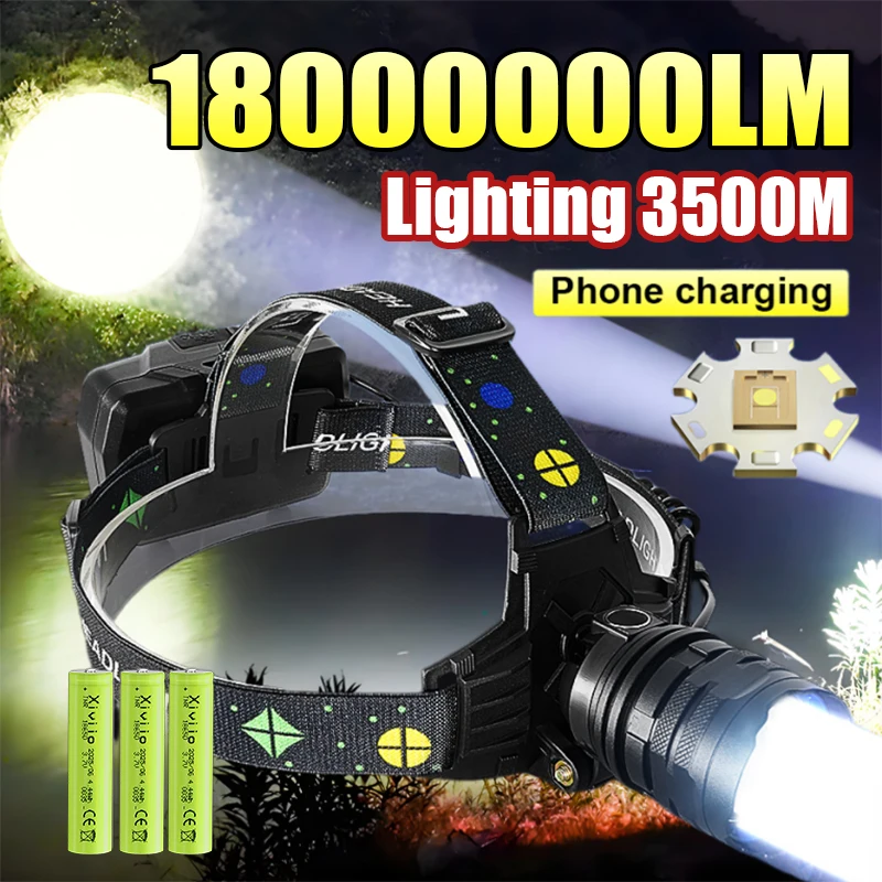 18000000LM Most Powerful LED Headlight Super Bright 3500M Zoom Tactical Lantern Rechargeable Outdoor Camping Fishing Flashlight