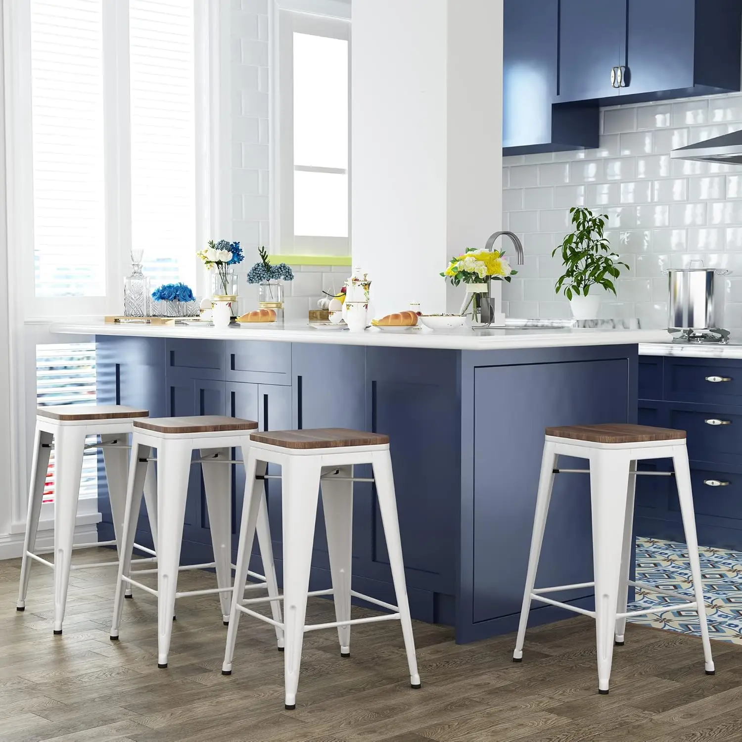 24" Backless Metal Bar Stools Set of 4 Industrial Stackable Counter Height Stools for Kitchen Island Barstools with Wood Seat