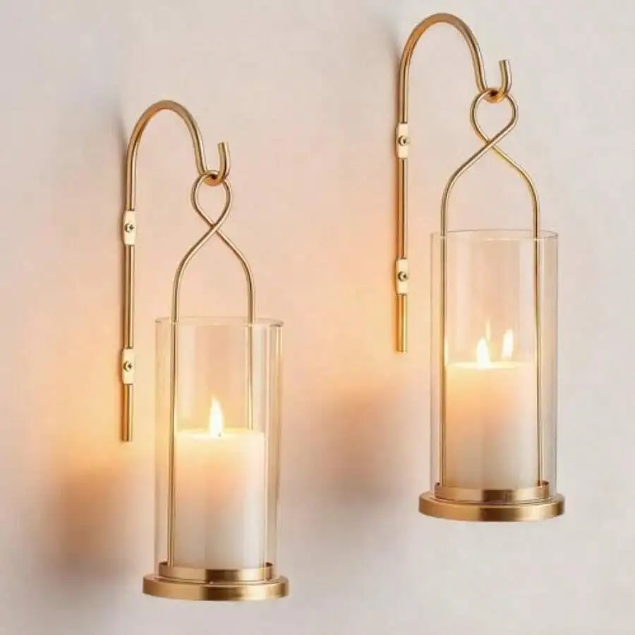 Gold Candle Sconces Wall Decor: Set Of 2 Wall Candle Holder For Pillar Candles - Modern Metal Lantern Decoration For Indoor Porc