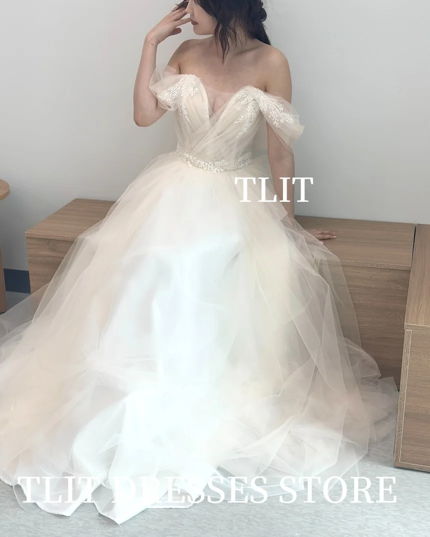 TLIT 우아한 흰색 실크 Tulle 웨딩 드레스 v 넥 댄스 파티 드레스 한국 신부 드레스 사진 촬영 맞춤형 오프 숄더 가운