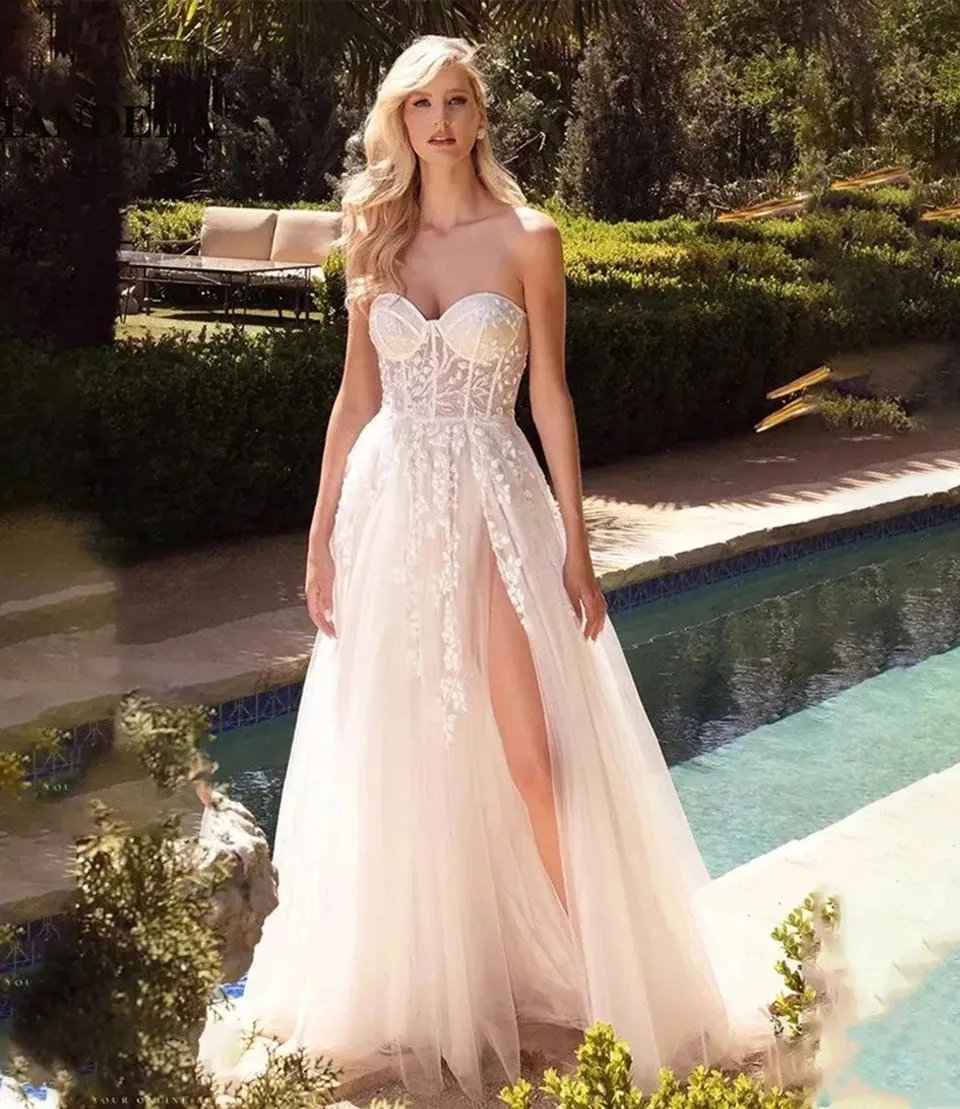 

White Wedding Dresses Ivory Bridal Gowns A Line Formal Applique Tulle Custom Zipper Lace Up Plus Size New Split Front/Side