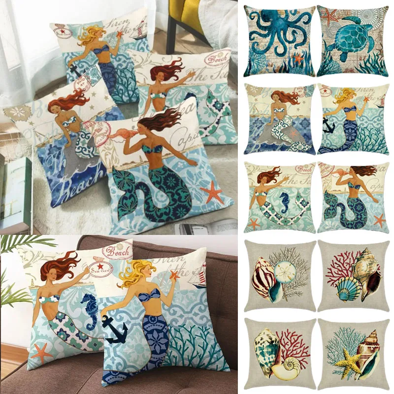 

45cm Marine Organism Pillowcase Mermaid Sea Turtle Seahorse Starfish Conch Print Throw Pillow Cover Home Decor for Sofa Bedroom