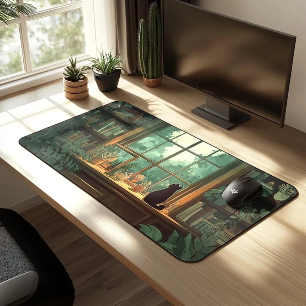 Tapis de bureau Lofi Cat - Tapis de bureau esthétique anime chat noir, accessoires de bureau, organisateurs et plateaux, tapis de souris