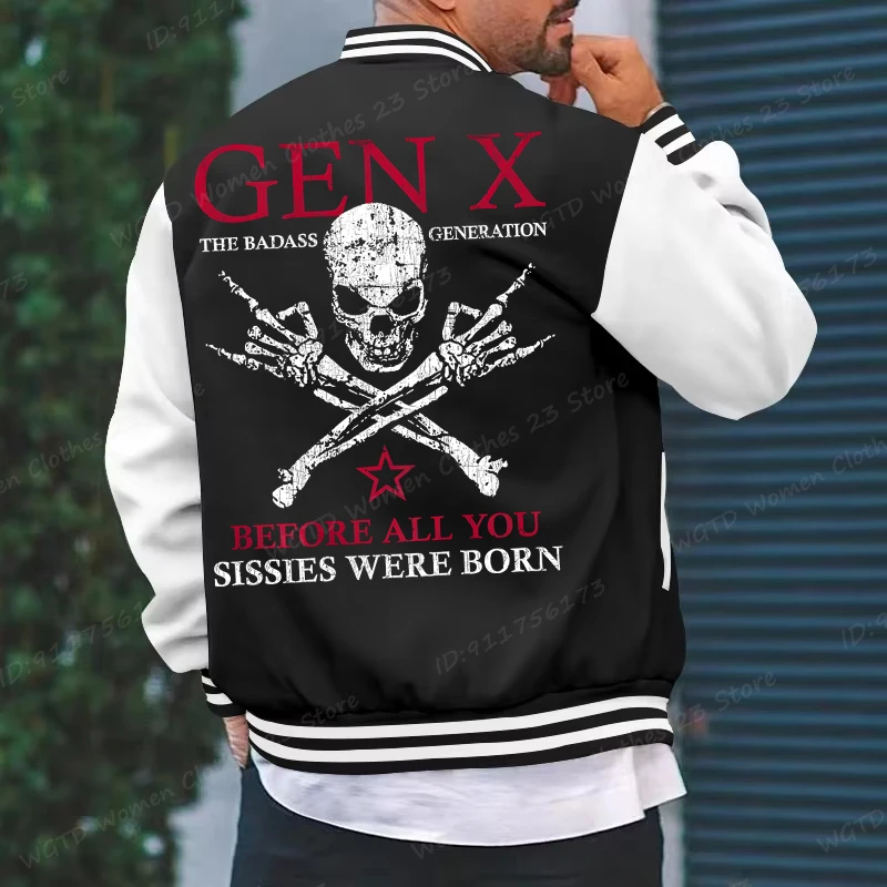 

Funny Gen X The Badass Generation Raised By Skulls Baseball Jacket Men's Streetwear Long Sleeve Coat Tops Gen X 1965-1980 Jacket