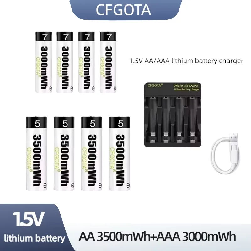 

AA3500mWh+AA3000mWh 1.5V rechargeable polymer lithium-ion battery, suitable for remote control of mouse, fan, and electric toys
