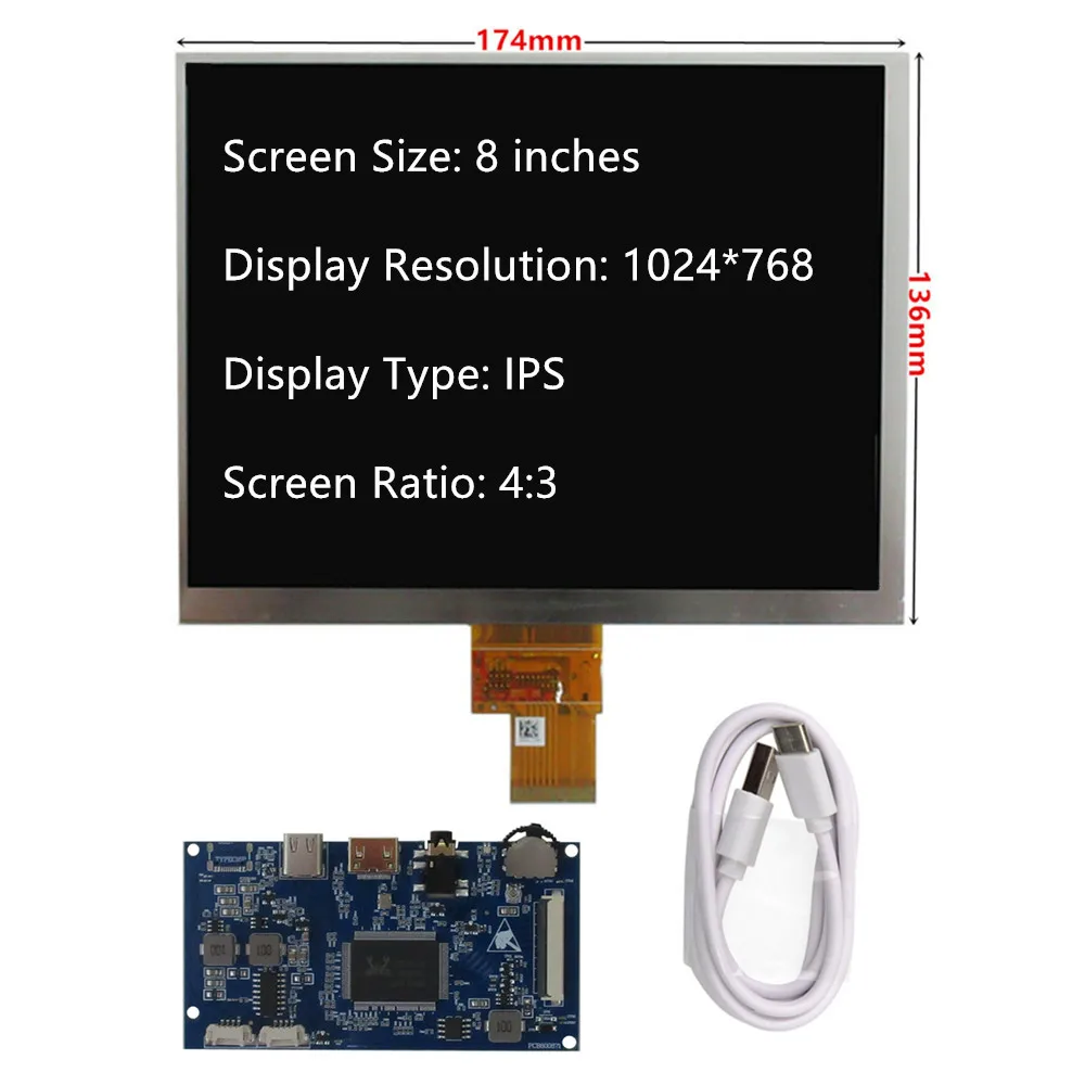8 Inch EJ080NA-04C IPS 4:3 Portable LCD Display Screen Universal DIY Type-c HDMI Driver Control Board Raspberry Pi PC Monitor