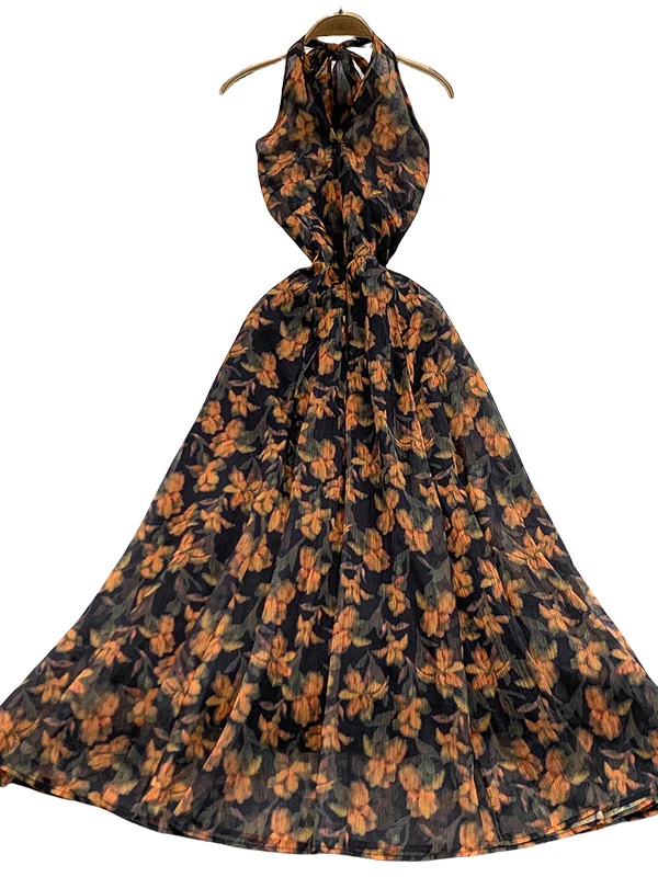 فستان صيفي نسائي بتصميم مثير بدون ظهر ورقبة على شكل حرف V، مع طباعة زهور، خصر مرتفع، وتنورة ماكسي طويلة لتنسيق الجسم.