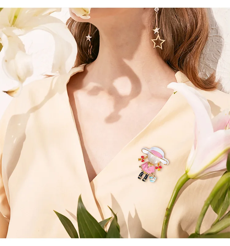 Kawaii Pink Enamel Girl Brooch Pin for Women and Kids