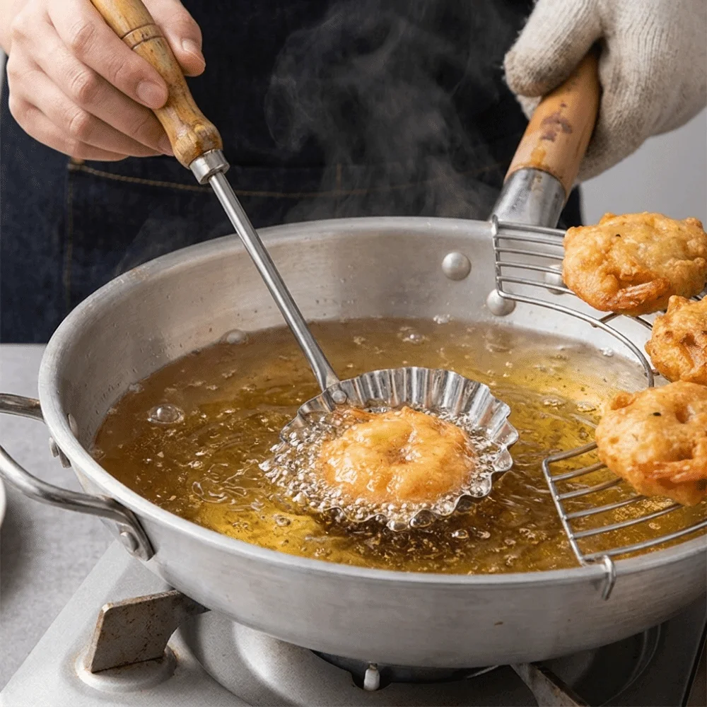 Non-Stick Fried Food Mold Wooden Handle Heat Resistant Shredded Radish Fritters Mold Stainless Steel Frying Pancake Spoon