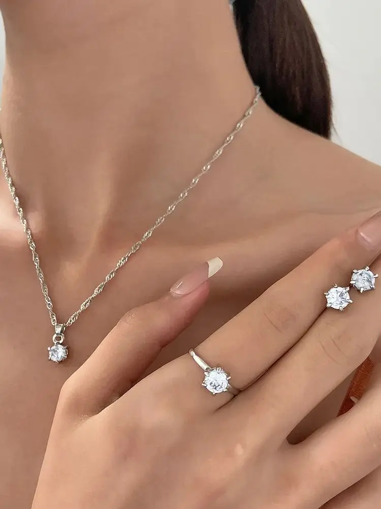 Ensemble de bijoux en zircone, 5 pièces, bague en cristal, collier, Bracelet, boucles d'oreilles, Simple, élégant, polyvalent, coffret cadeau