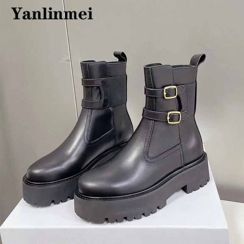 Thick Sole Motorcycle Boots Women Luxury Genuine Leather Flat Platform Shoes Round Toe Slip-on Short Boots Woman Botas Mujer