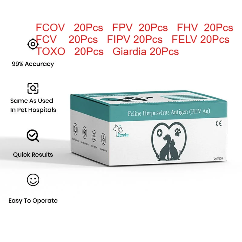 20Pcs Feline Rapid Test Kit for Cats Kittens FPV FCoV FIPV FHV FCV FELV TOXO GIA Antigen Vet Diagnostic Card for Clinic Home