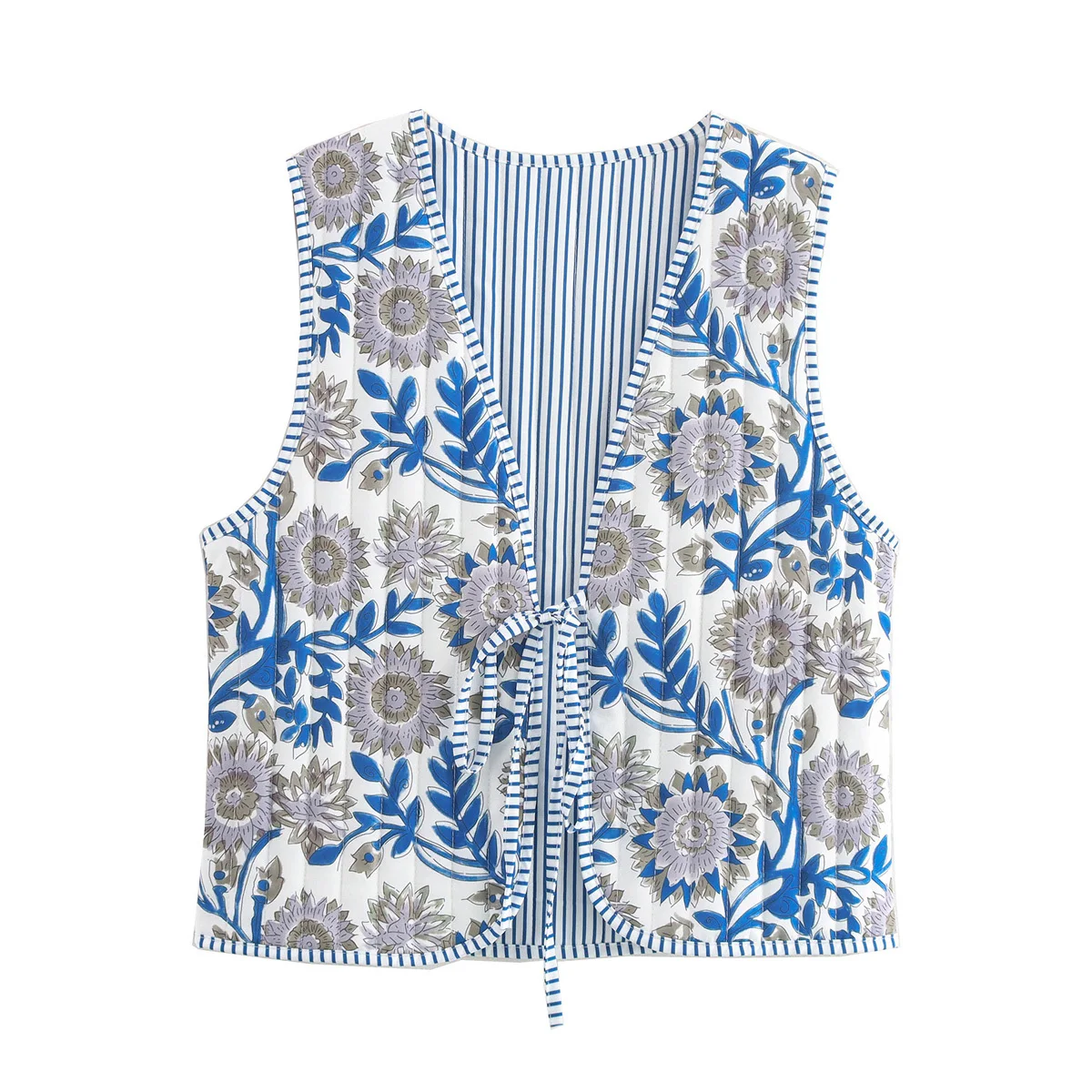 Zevity Women National Style Sleeveless Patchwork Floral Print Quilted Vest Jacket Ladies Lace Up WaistCoat Chic Crop Tops CT6267